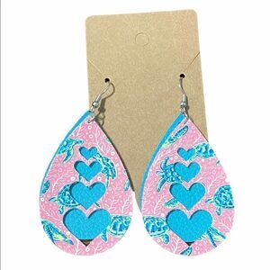 Sea Turtles Dangle Drop Earrings Hearts Pink Teal‎